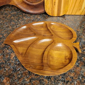 Vintage Solid Walnut Wood Divided Leaf 13.5" X 12" Tray Mid Century Modern MCM